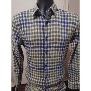 Visconti Shirt Men's Medium M Green Blue Check Casual Button Up Long Sleeve